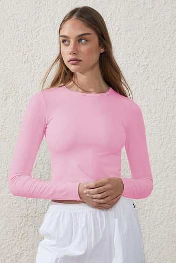 Pembe Bisiklet Yaka Basic Uzun Kollu Bluz MG1701