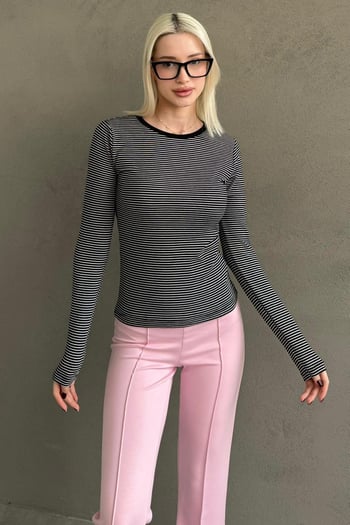 Siyah Çizgili Uzun Kollu Kadın Body MG2657