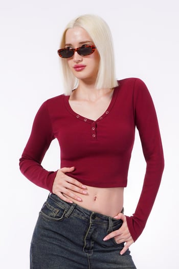 Bordo V Yaka Uzun Kollu Düğme Detaylı Kaşkorse Bodysuit MG2194