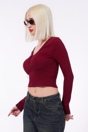 Bordo V Yaka Uzun Kollu Düğme Detaylı Kaşkorse Bodysuit MG2194