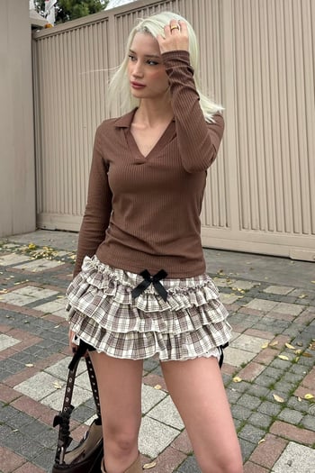 Acı Kahve Polo Yaka Fitilli Kadın Body MG2566