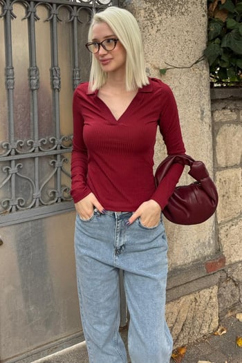 Bordo Polo Yaka Fitilli Kadın Body MG2566