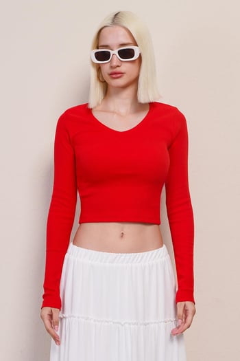 Kırmızı V Yaka Uzun Kollu Kaşkorse Body MG2192