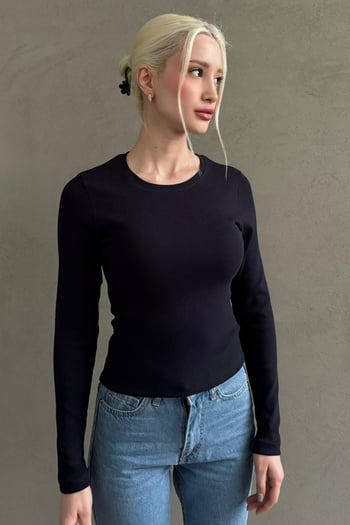 Lacivert Bisiklet Yaka Slim Fit Kadın Body MG2564