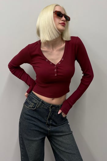 Bordo V Yaka Uzun Kollu Düğme Detaylı Kaşkorse Bodysuit MG2194