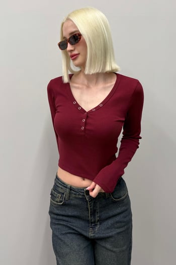 Bordo V Yaka Uzun Kollu Düğme Detaylı Kaşkorse Bodysuit MG2194