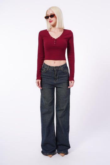 Bordo V Yaka Uzun Kollu Düğme Detaylı Kaşkorse Bodysuit MG2194