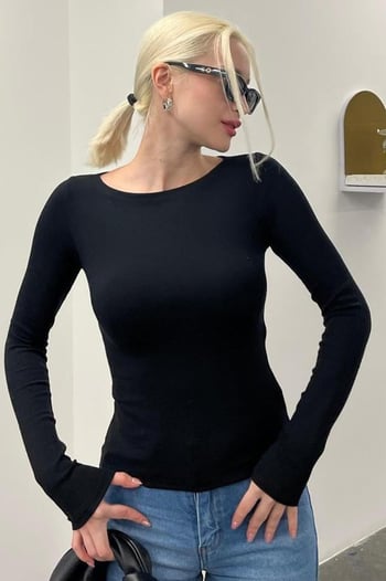 Siyah Kayık Yaka Uzun Kollu Kadın Top Bodysuit MG2267