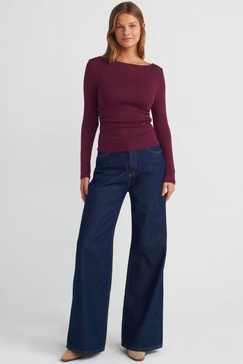 Bordo Kayık Yaka Uzun Kollu Kadın Bluz MG2267
