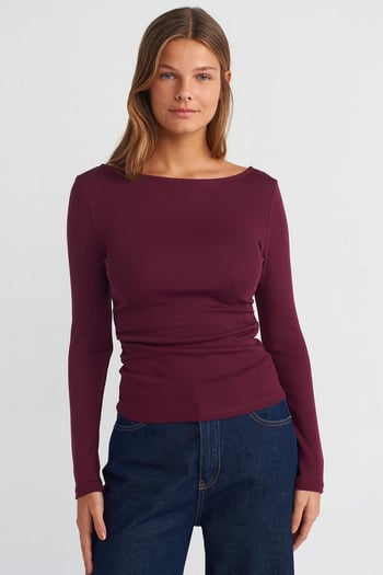 Bordo Kayık Yaka Uzun Kollu Kadın Bluz MG2267