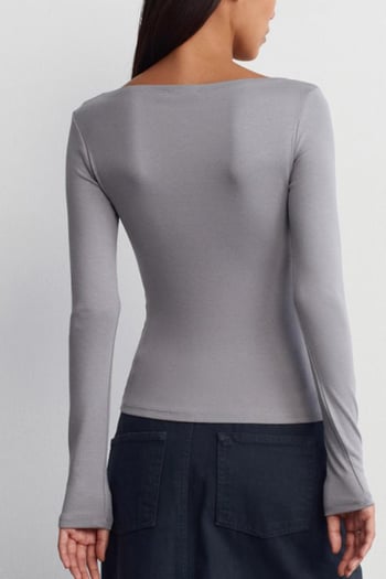 Boyalı Gri Kayık Yaka Uzun Kollu Kadın Top Body MG2267