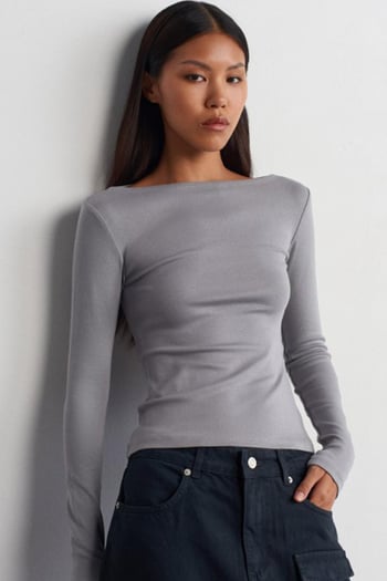 Boyalı Gri Kayık Yaka Uzun Kollu Kadın Top Body MG2267