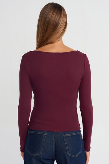 Bordo Kayık Yaka Uzun Kollu Kadın Bluz MG2267