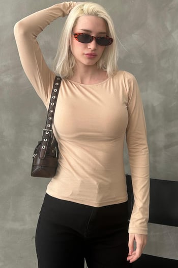 Bej Kayık Yaka Basic Kadın Body MG1997