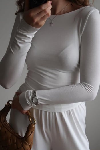 Ekru Kayık Yaka Uzun Kollu Kadın Top Body MG2267