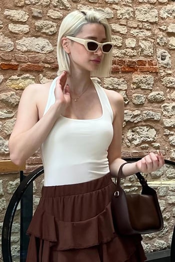 Beyaz Halter Yaka Boyun Askılı Crop Body MG2146