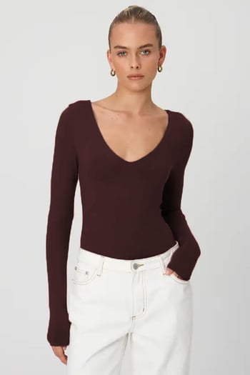 Kahverengi  V Yaka Uzun Kol Esnek Kumaş Bodysuit MG2132