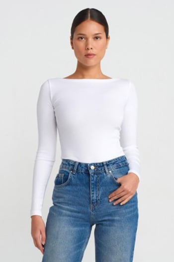 Ekru Kayık Yaka Uzun Kollu Kadın Top Body MG2267