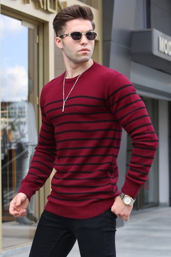 Bordo Çizgili Bisiklet Yaka Triko Kazak 5992