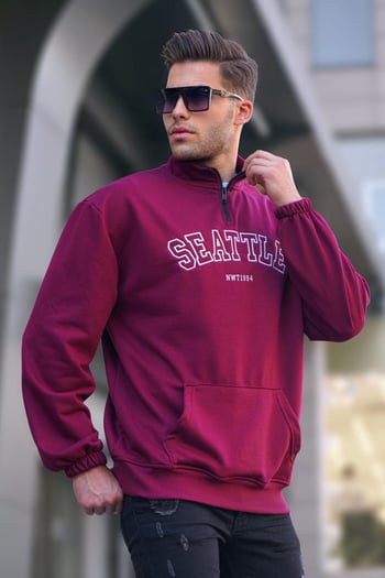 Bordo Fermuar Yakalı Nakışlı Sweatshirt 6026