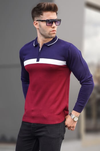 Bordo Fermuarlı Polo Yaka Triko Kazak 5787