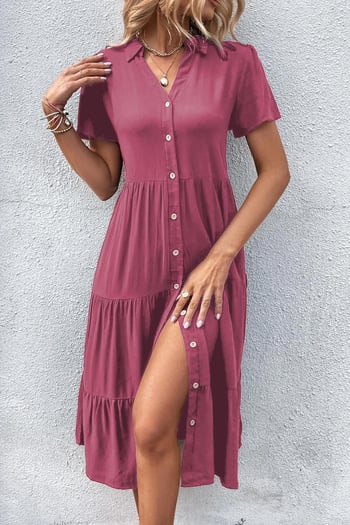 Bordo Gömlek Yaka Uzun Elbise MG1853