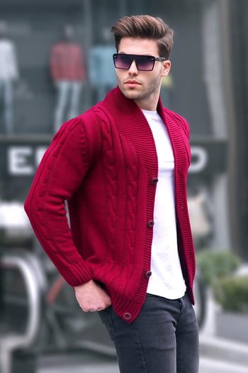 Bordo Örgülü Erkek Hırka 9053
