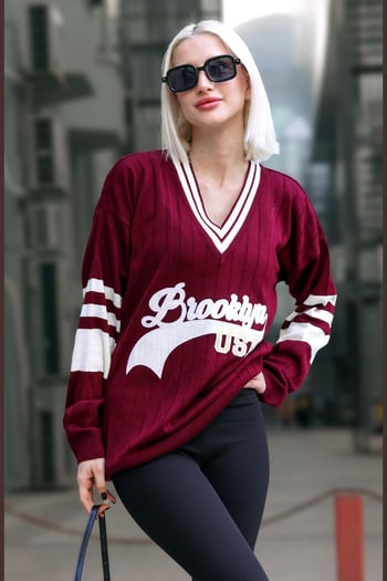 Bordo V Yaka Nakışlı Kadın Kazak MG1279