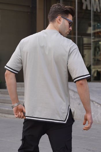 Boyalı Gri Bisiklet Yaka Şeritli Tişört 6097
