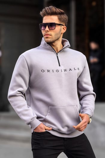 Boyalı Gri Fermuar Yaka Nakışlı Sweatshirt 6028