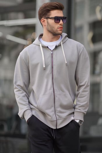 Boyalı Gri Fermuarlı Kapüşonlu Sweatshirt 6161