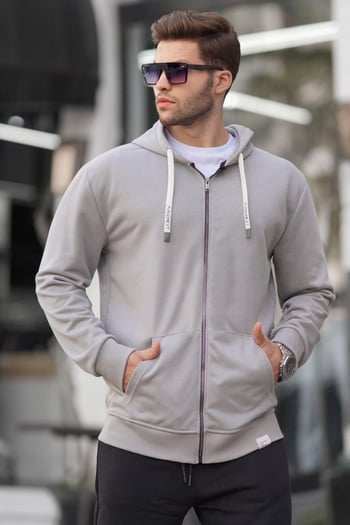 Boyalı Gri Fermuarlı Kapüşonlu Sweatshirt 6161