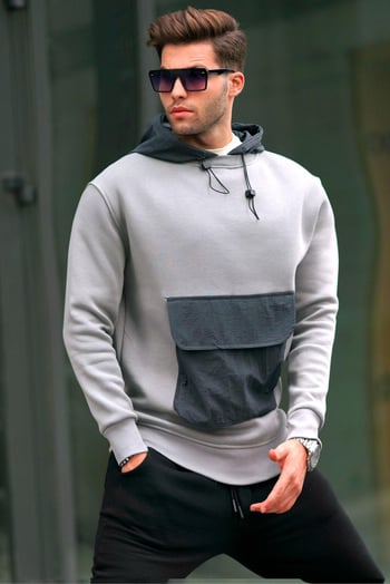 Boyalı Gri Kanguru Cep Kapüşonlu Erkek sweatshirt 6138