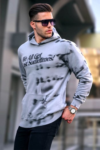 Boyalı Gri Baskılı Kapüşonlu Sweatshirt 5897