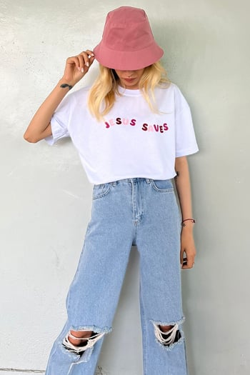 Beyaz Baskılı Oversize Tişört MG1517