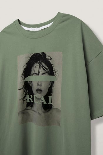 Çağla Yeşili Oversize Baskılı Kadın Tişört MG1764