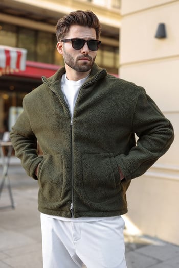Haki Çift Fermuarlı Dik Yaka Peluş Erkek Ceket E7193