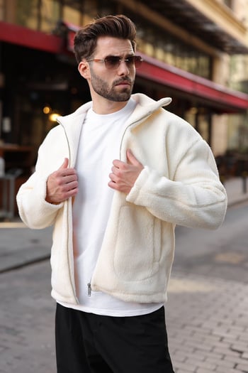 Ekru Çift Fermuarlı Dik Yaka Peluş Erkek Ceket E7193