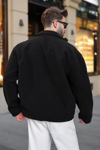 Siyah Çift Fermuarlı Dik Yaka Peluş Erkek Ceket E7193