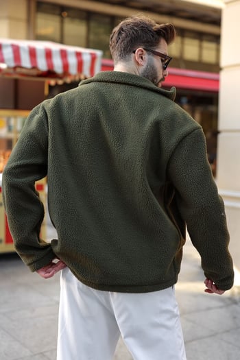 Haki Çift Fermuarlı Dik Yaka Peluş Erkek Ceket E7193