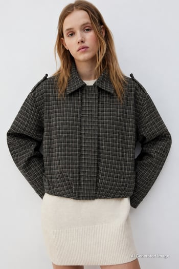 Haki Ekose Desenli Oversize Kadın Bomber Ceket MG2920
