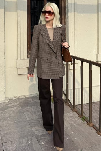 Kahverengi Kareli Kadın Blazer Ceket MG2624