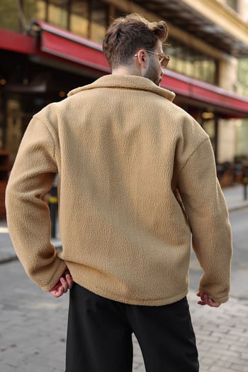 Bej Çift Fermuarlı Dik Yaka Peluş Erkek Ceket E7193
