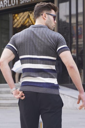 Çizgili Triko Antrasit Polo Yaka Tişört 6356