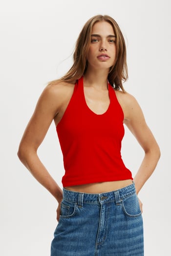 Kırmızı Halter Yaka Boyun Askılı Crop Top MG2456