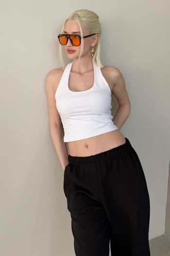 Beyaz Halter Yaka Boyun Askılı Crop Top MG2456
