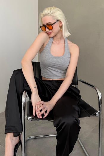 Gri Melanj Halter Yaka Boyun Askılı Crop Top MG2456