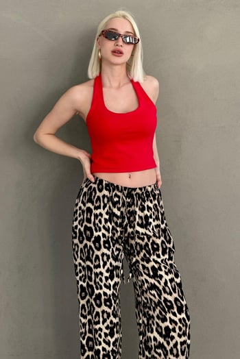 Kırmızı Halter Yaka Boyun Askılı Crop Top MG2456