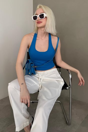 Mavi Halter Yaka Boyun Askılı Crop Top MG2456