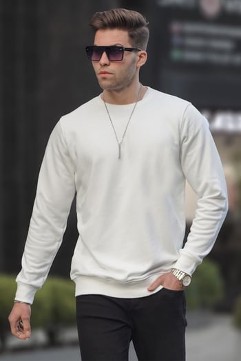 Ekru Basic Bisiklet Yaka Erkek Sweatshirt 6047